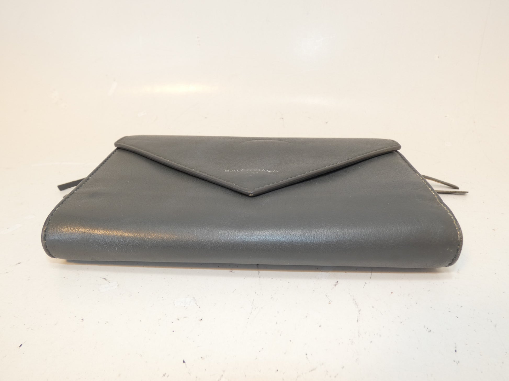BALENCIAGA Front Logo Leather Gray Large Long Wallet