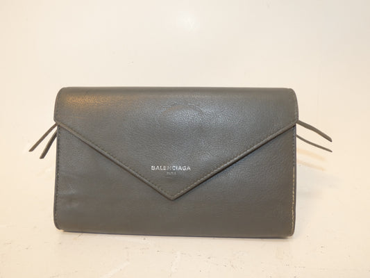 BALENCIAGA Front Logo Leather Gray Large Long Wallet