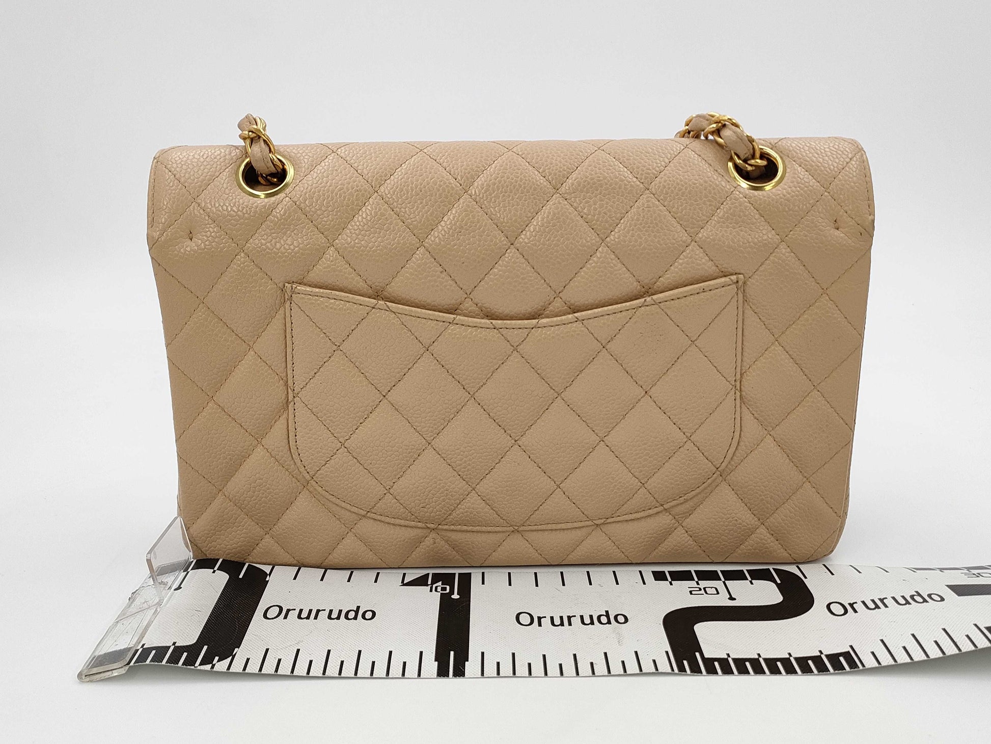 CHANEL Caviar Skin Double Flap Matelasse Chain Shoulder Bag Beige