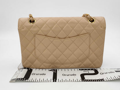CHANEL Caviar Skin Double Flap Matelasse Chain Shoulder Bag Beige