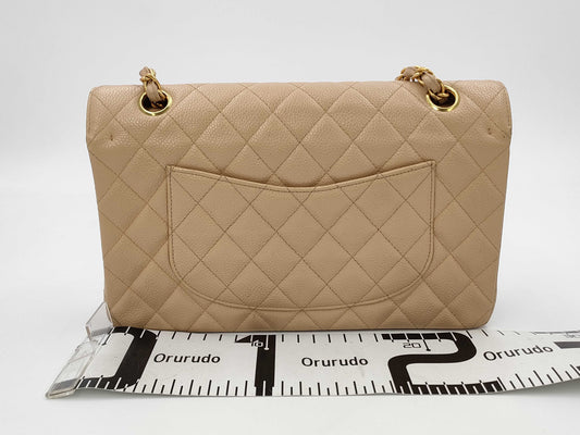 CHANEL Caviar Skin Double Flap Matelasse Chain Shoulder Bag Beige
