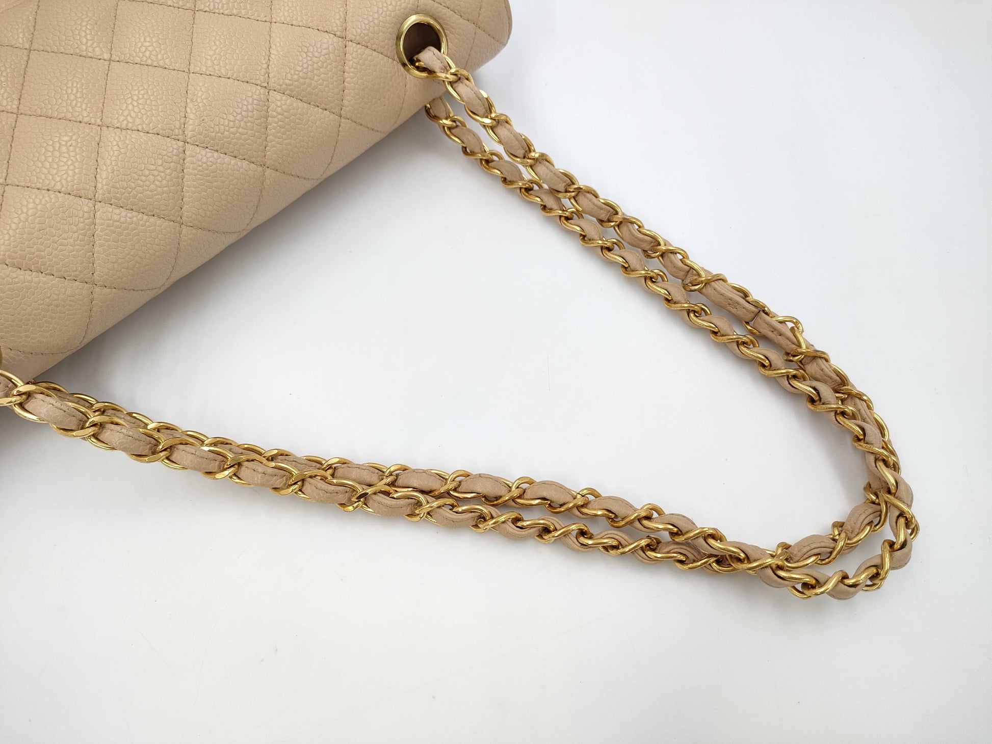 CHANEL Caviar Skin Double Flap Matelasse Chain Shoulder Bag Beige