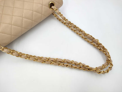 CHANEL Caviar Skin Double Flap Matelasse Chain Shoulder Bag Beige