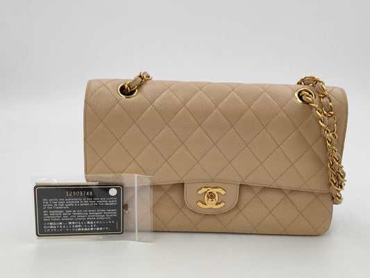 CHANEL Caviar Skin Double Flap Matelasse Chain Shoulder Bag Beige