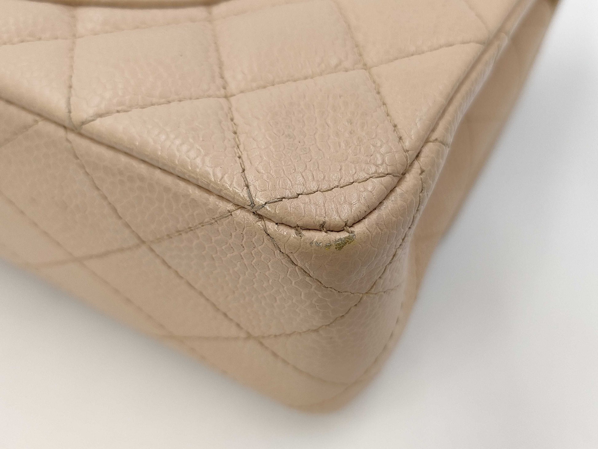 CHANEL Caviar Skin Double Flap Matelasse Chain Shoulder Bag Beige