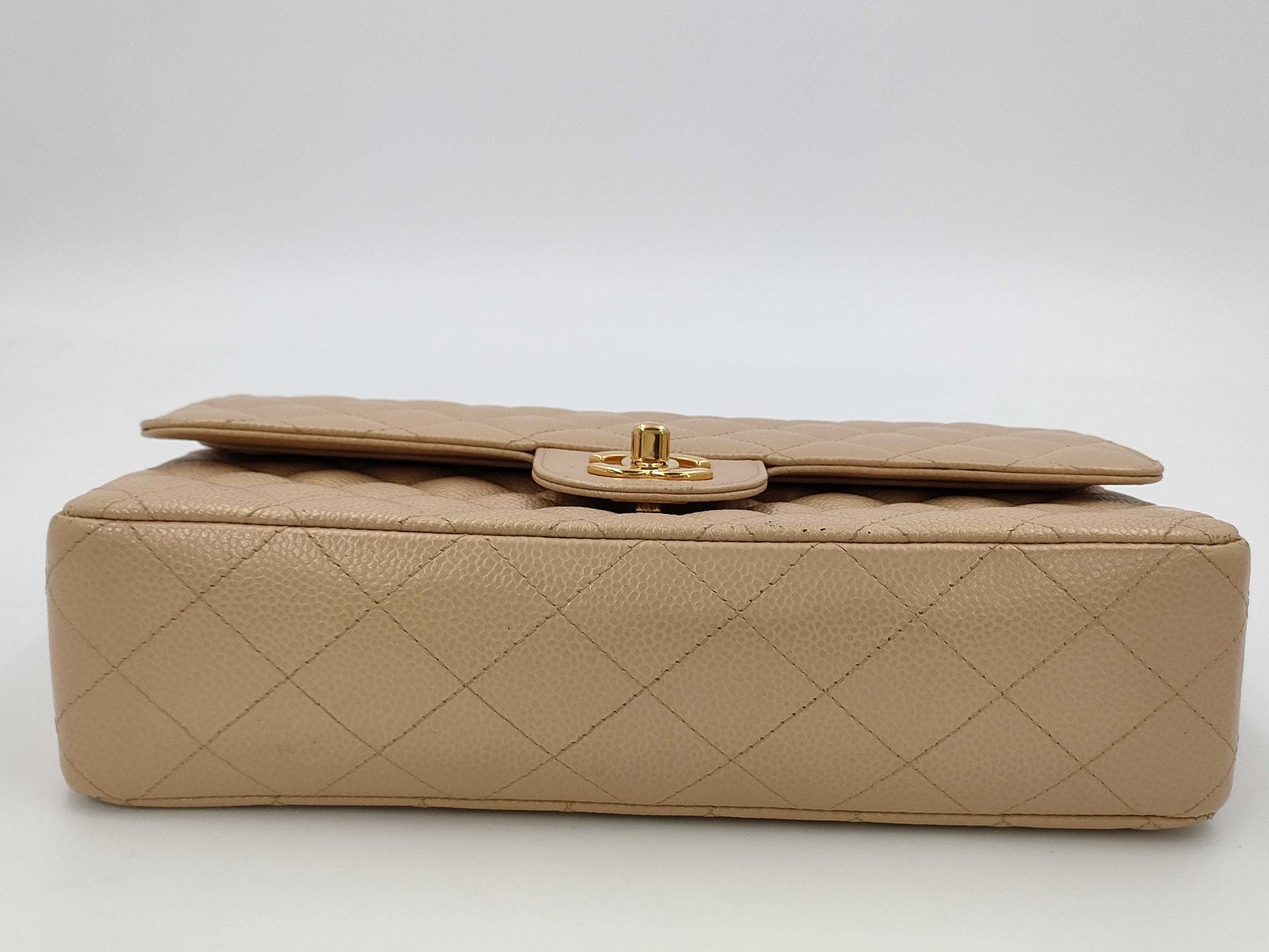 CHANEL Caviar Skin Double Flap Matelasse Chain Shoulder Bag Beige
