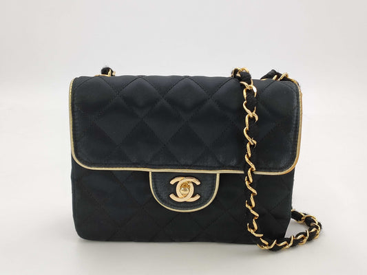 CHANEL Matelasse Mini Matelasse Satin Single Flap Chain Bag in Black Gold, Shoulder Bag