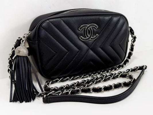 CHANEL Black Chevron Fringe Camera Bag, W20cm, Approx. 25 Series [Sealed], Silver Hardware, Shoulder Bag, 25655786