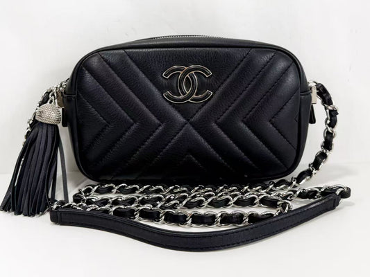 CHANEL Black Chevron Fringe Camera Bag, W20cm, Approx. 25 Series [Sealed], Silver Hardware, Shoulder Bag, 25655786