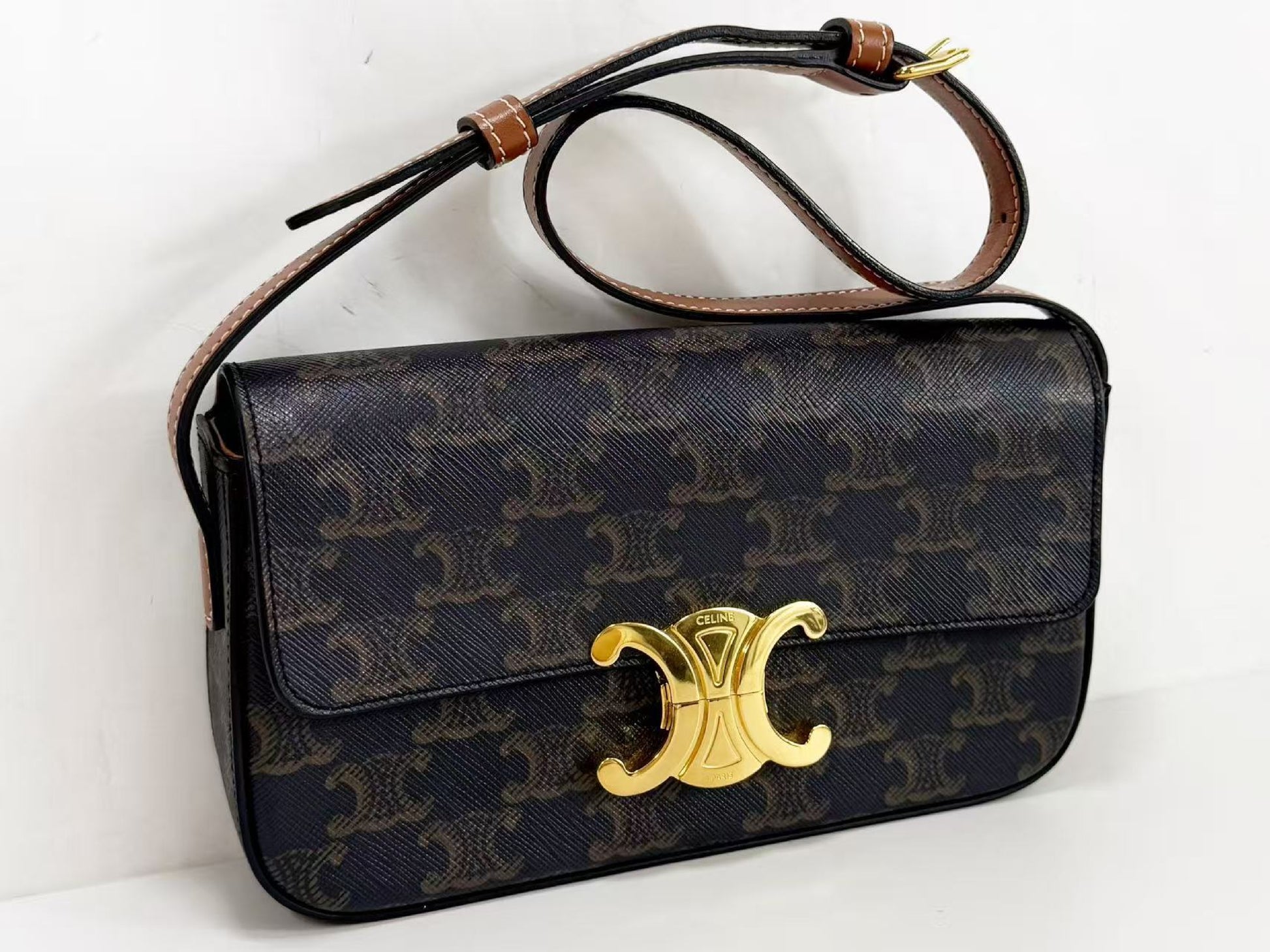 CELINE Triomphe Claude Shoulder Bag, Brown, W21 x H12 x D4cm, Gold Hardware, CS-1061