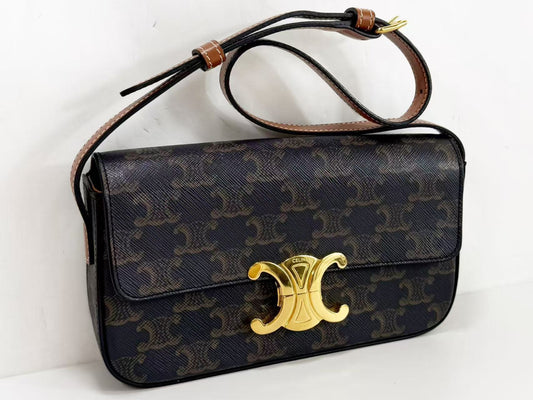 CELINE Triomphe Claude Shoulder Bag, Brown, W21 x H12 x D4cm, Gold Hardware, CS-1061
