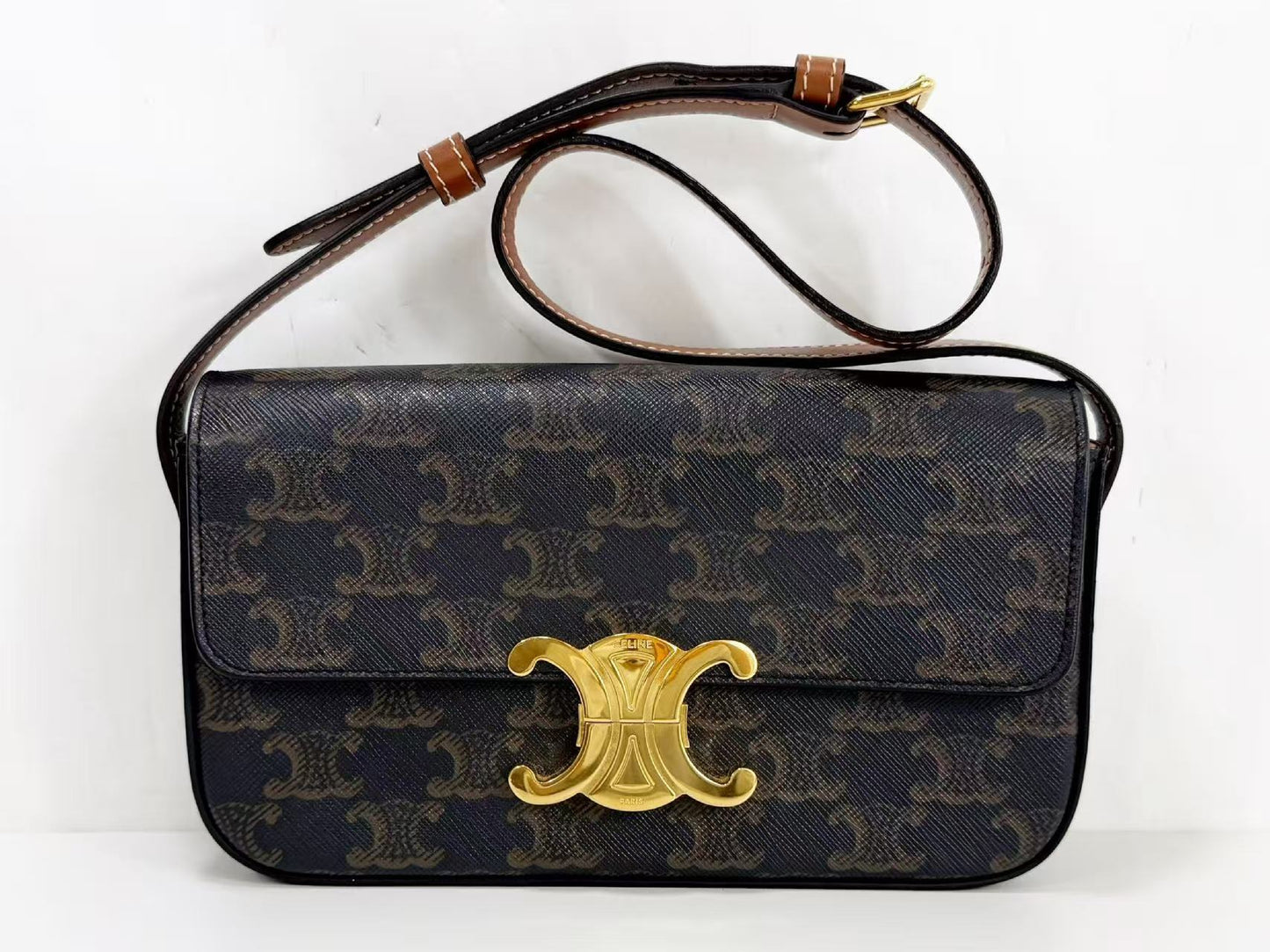 CELINE Triomphe Claude Shoulder Bag, Brown, W21 x H12 x D4cm, Gold Hardware, CS-1061