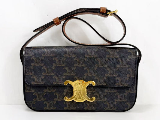 CELINE Triomphe Claude Shoulder Bag, Brown, W21 x H12 x D4cm, Gold Hardware, CS-1061