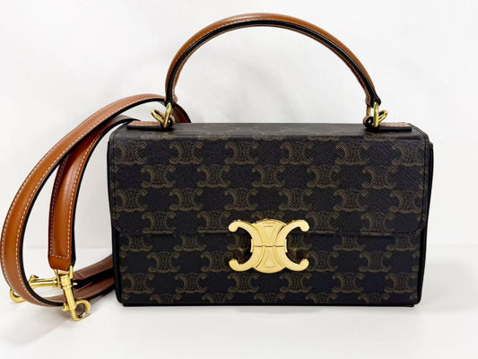 CELINE Triomphe Top Handle Box, approx. W22 x H13 x D5cm, Strap Included, 2-Way, Gold Hardware, Handbag/Shoulder Bag