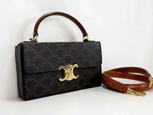 CELINE Triomphe Top Handle Box, approx. W22 x H13 x D5cm, Strap Included, 2-Way, Gold Hardware, Handbag/Shoulder Bag