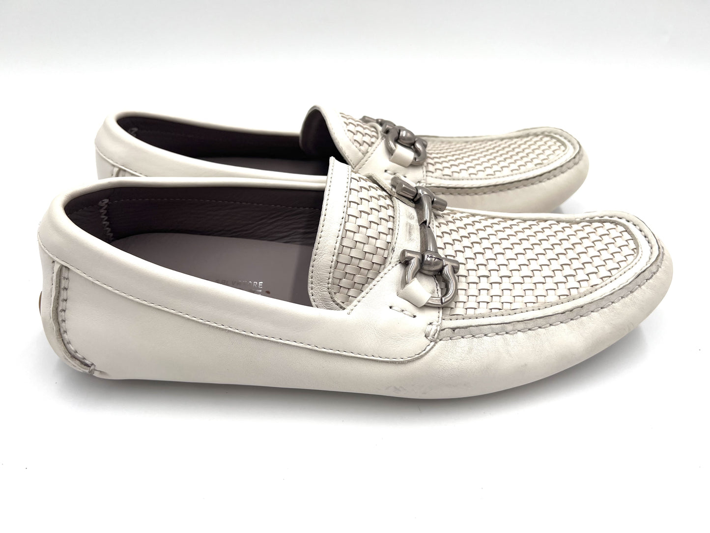 Salvatore Ferragamo Gancini Horsebit Leather Loafers in White, Size 8