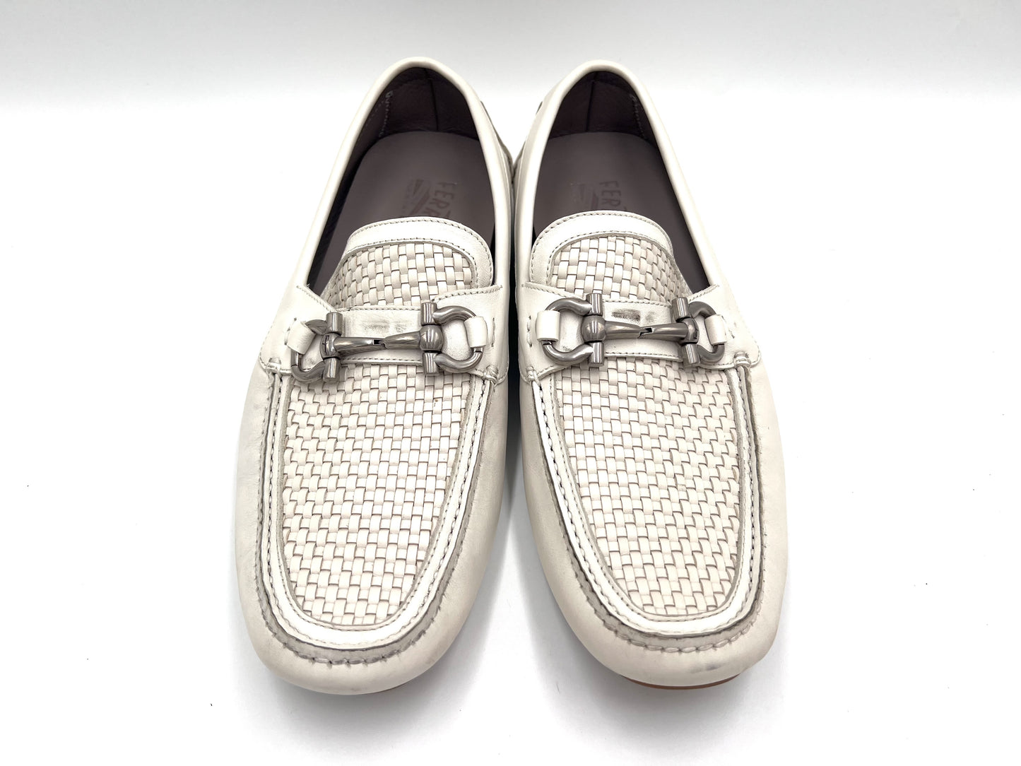 Salvatore Ferragamo Gancini Horsebit Leather Loafers in White, Size 8