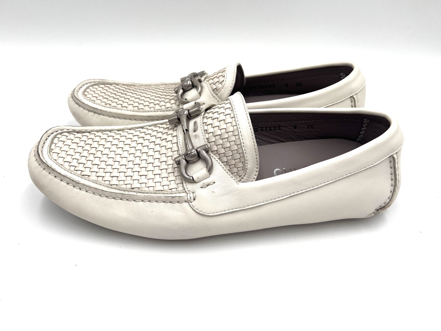 Salvatore Ferragamo Gancini Horsebit Leather Loafers in White, Size 8