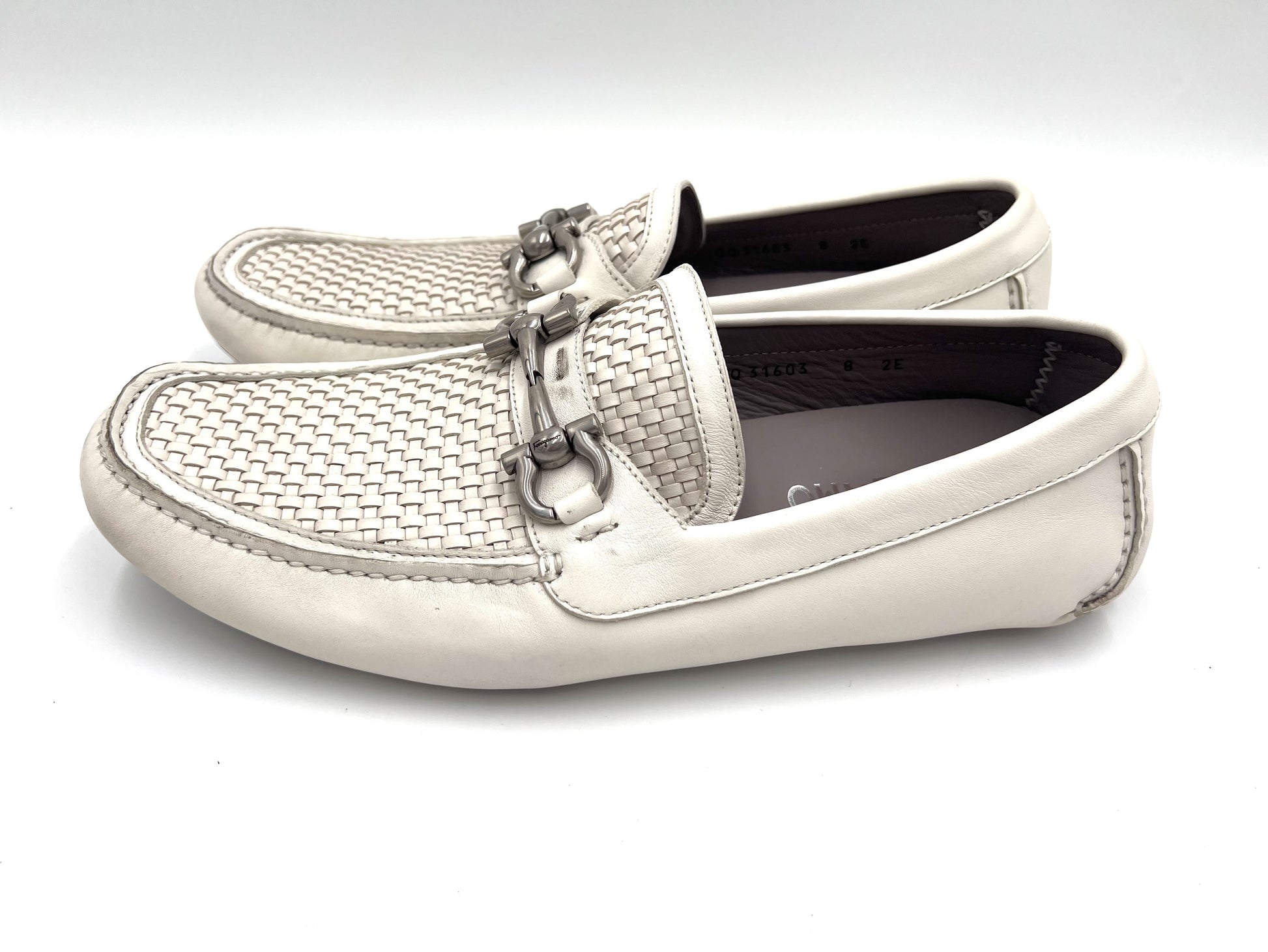 Salvatore Ferragamo Gancini Horsebit Leather Loafers in White, Size 8