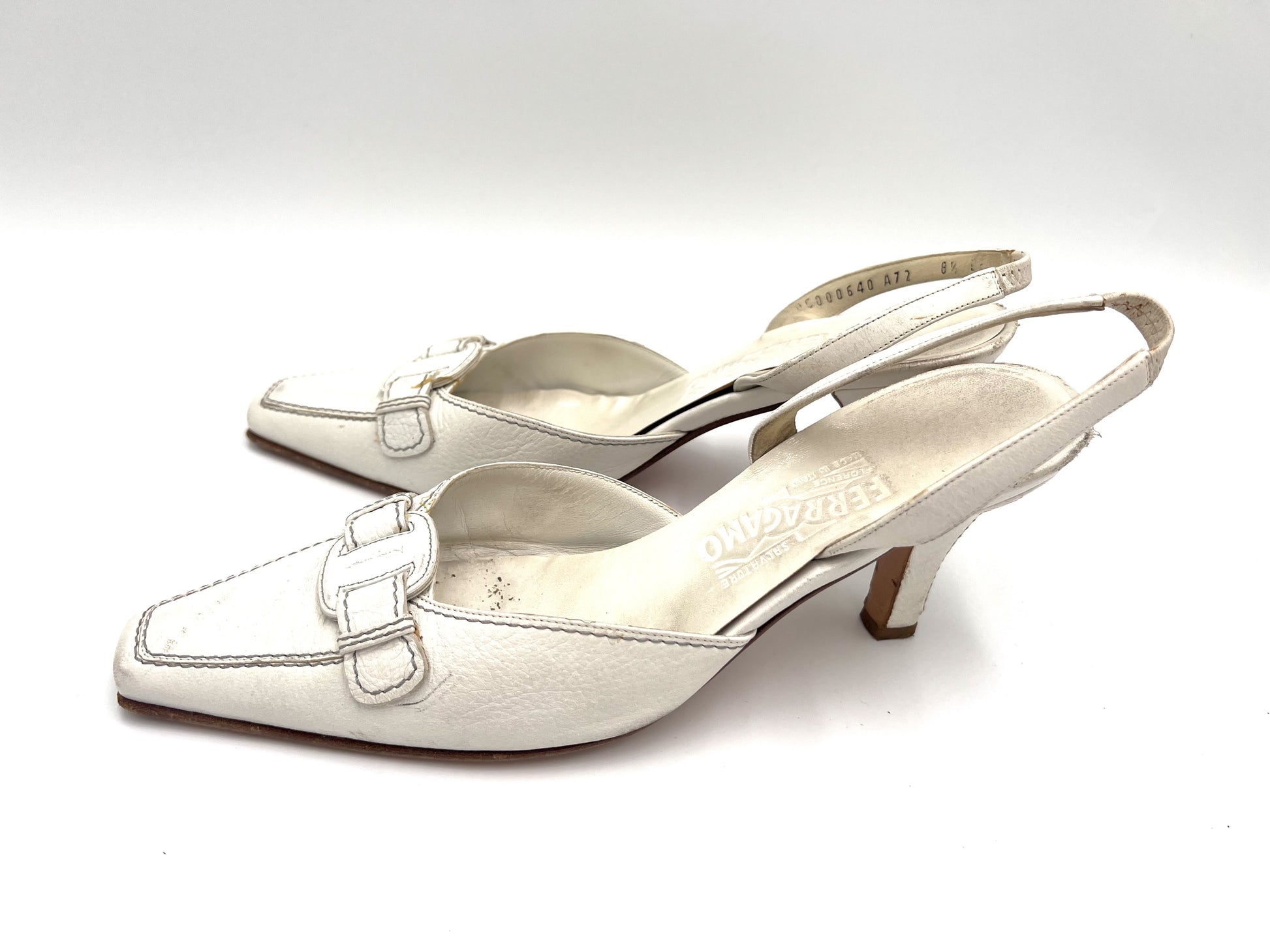Salvatore Ferragamo back strap leather pumps in white, size 8.5.