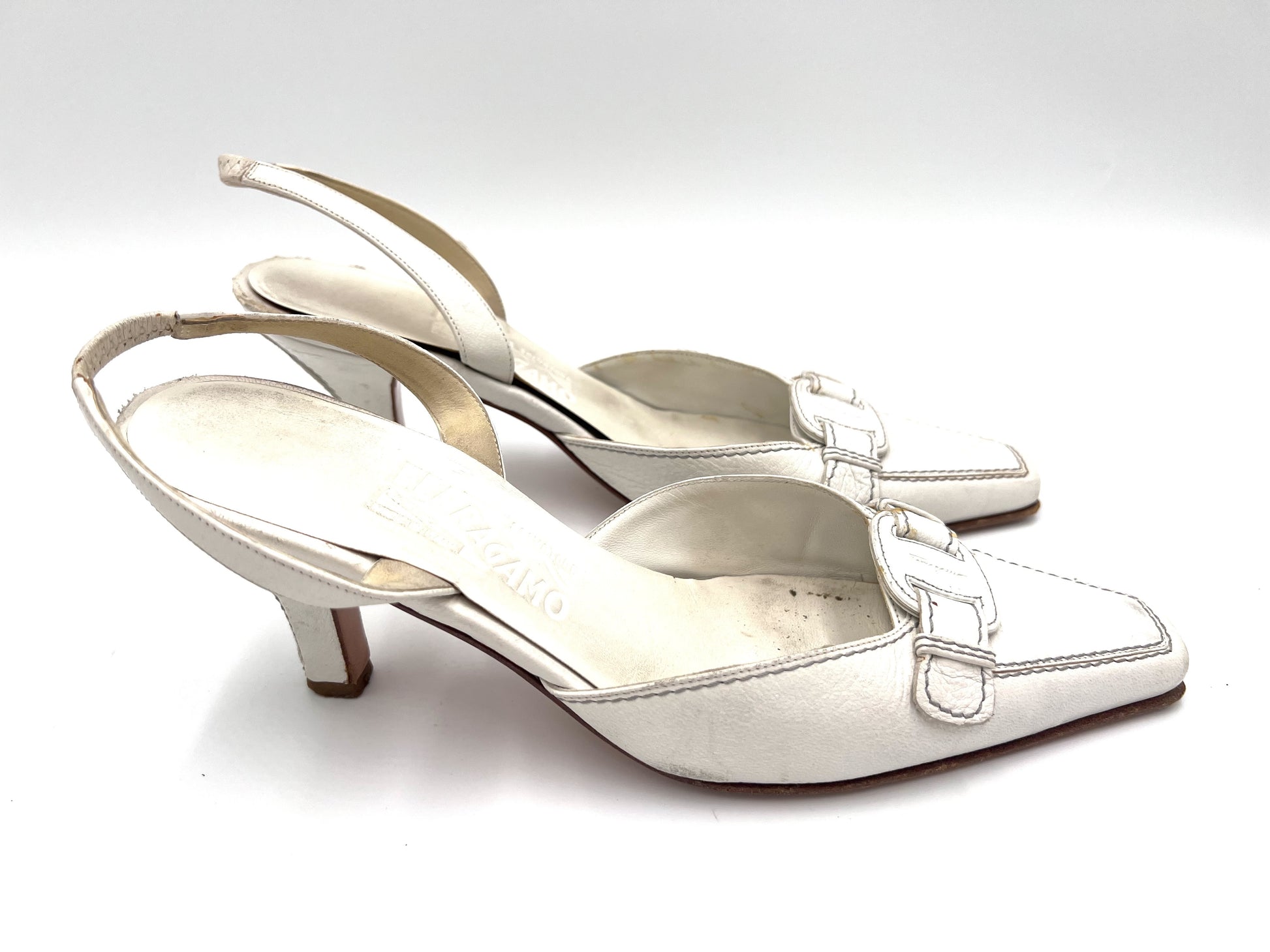 Salvatore Ferragamo back strap leather pumps in white, size 8.5.