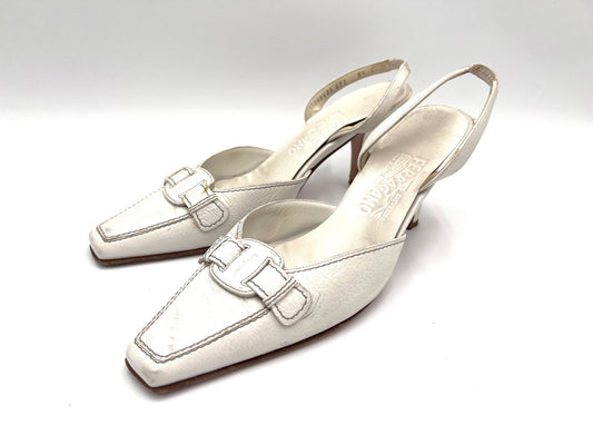 Salvatore Ferragamo back strap leather pumps in white, size 8.5.
