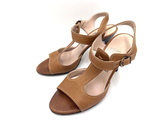 Salvatore Ferragamo T-strap leather sandals in brown, size 5 1/2.