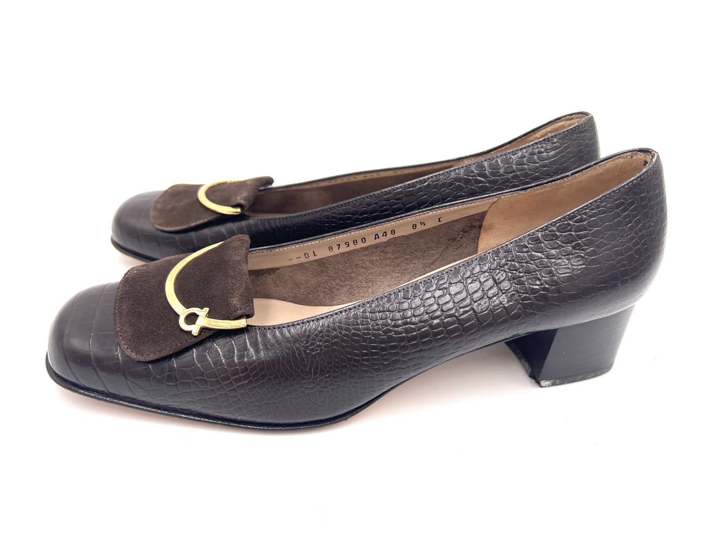 Salvatore Ferragamo Salvatore Ferragamo Crocodile-effect Dark Brown 8 1/2 Pumps