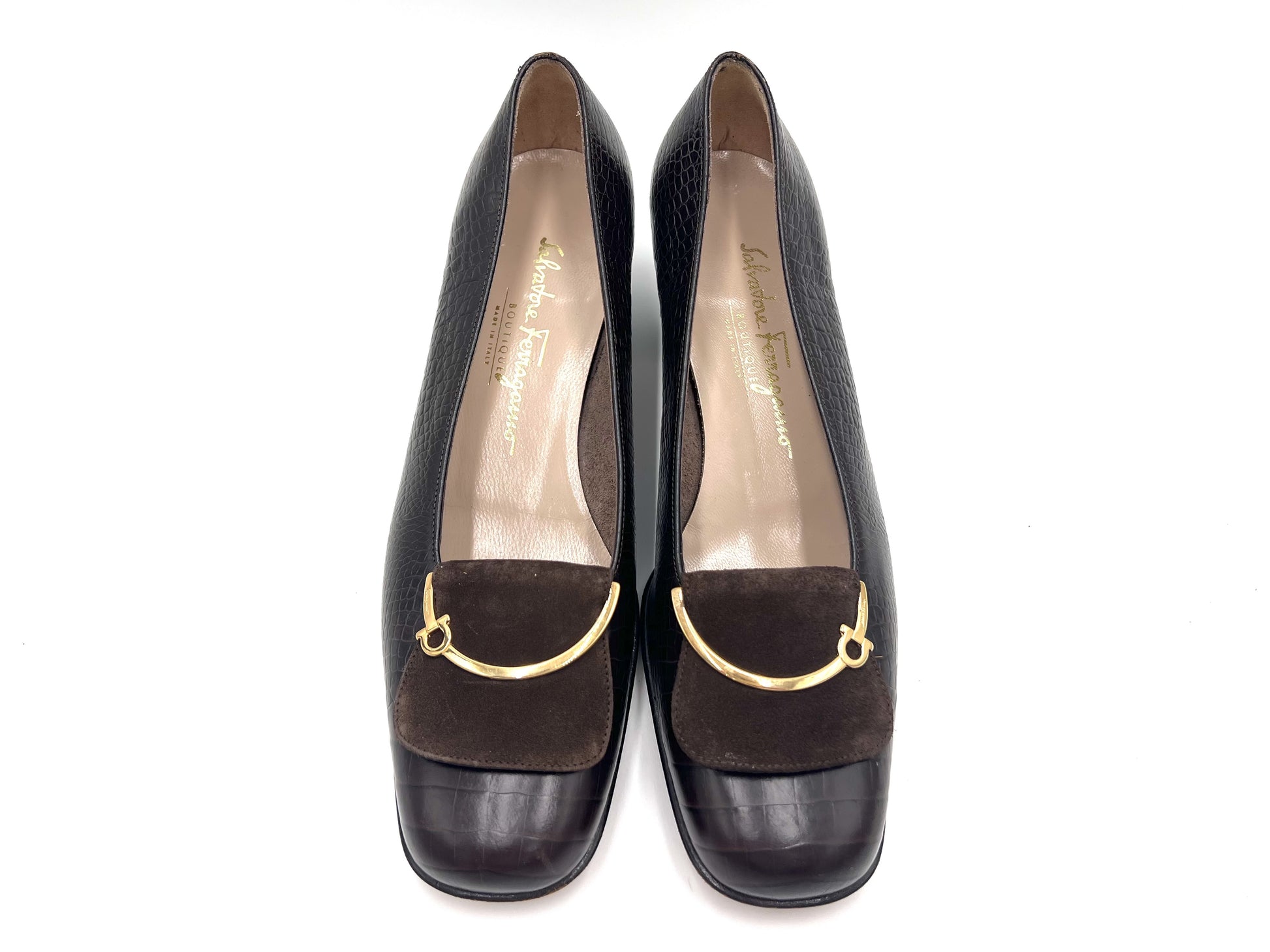 Salvatore Ferragamo Salvatore Ferragamo Crocodile-effect Dark Brown 8 1/2 Pumps
