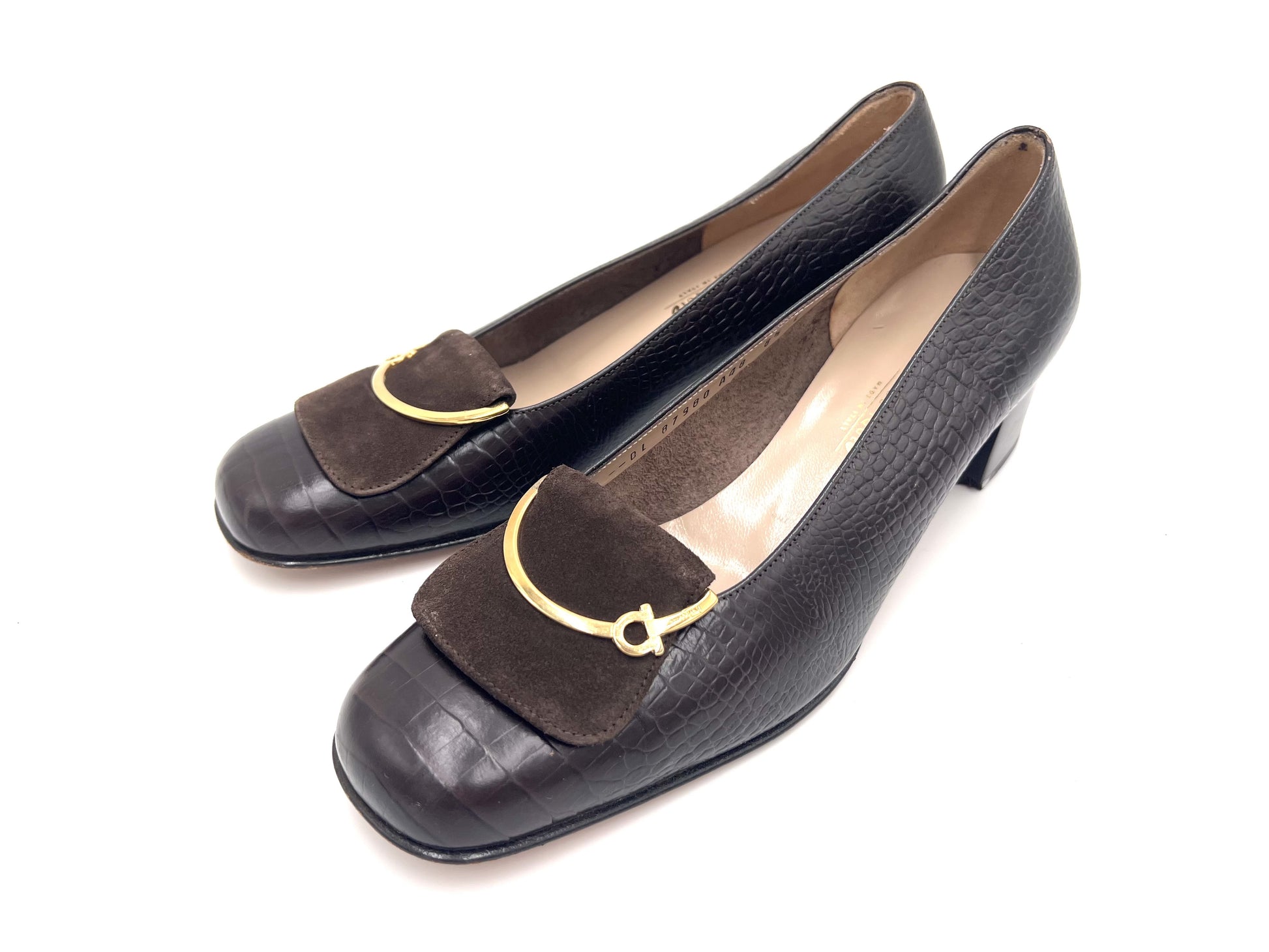 Salvatore Ferragamo Salvatore Ferragamo Crocodile-effect Dark Brown 8 1/2 Pumps