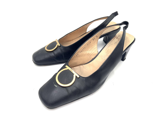 Salvatore Ferragamo Gancini Slingback Leather Pumps in Black, Size 8 1/2