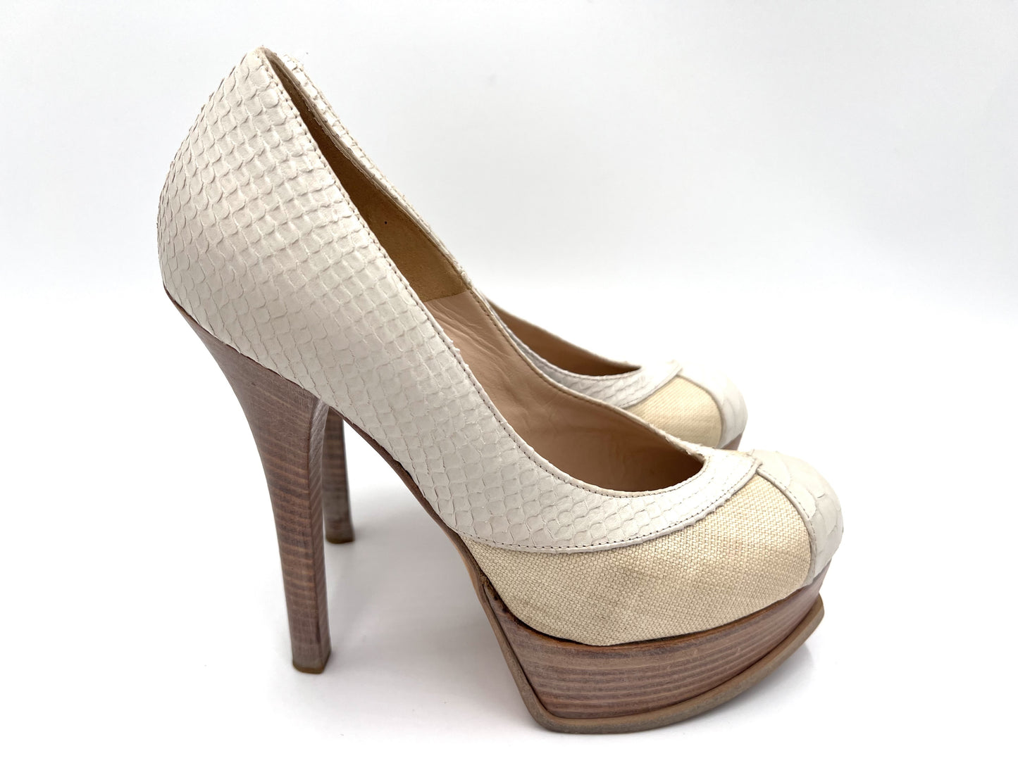 FENDI Python Canvas High Heel Pumps in White and Beige, Size 37