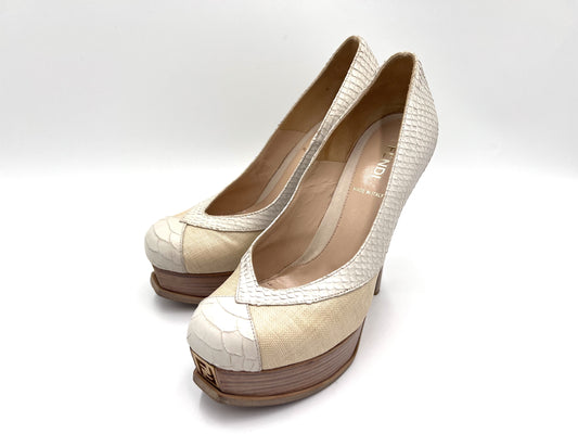 FENDI Python Canvas High Heel Pumps in White and Beige, Size 37