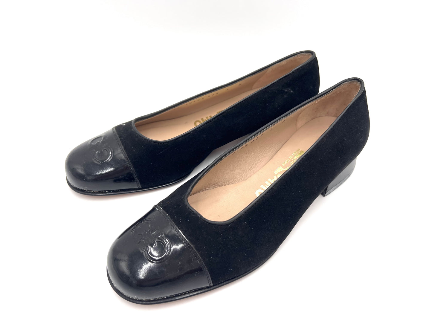 Salvatore Ferragamo Gancini embossed suede pumps in black, size 5