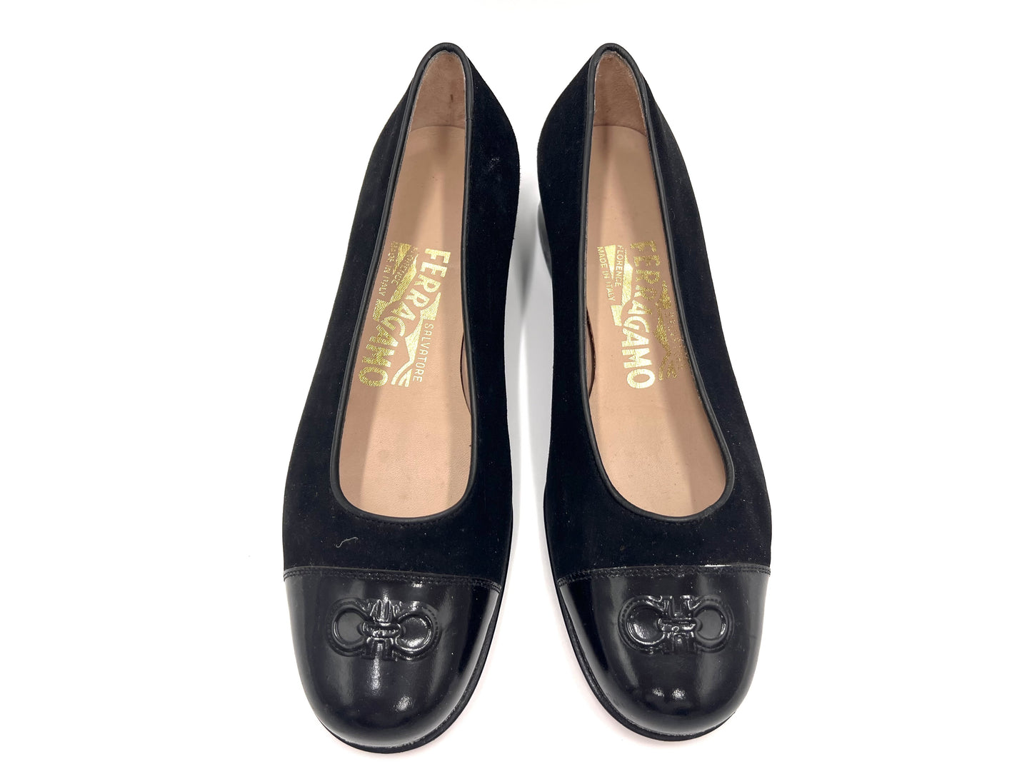 Salvatore Ferragamo Gancini embossed suede pumps in black, size 5