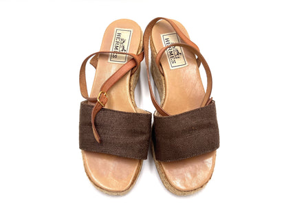 HERMES Wedge Sandals, Brown, 23cm Sole