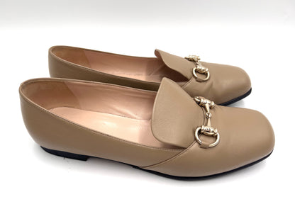 GUCCI Leather Horsebit Loafers, Beige, Size 38 1/2