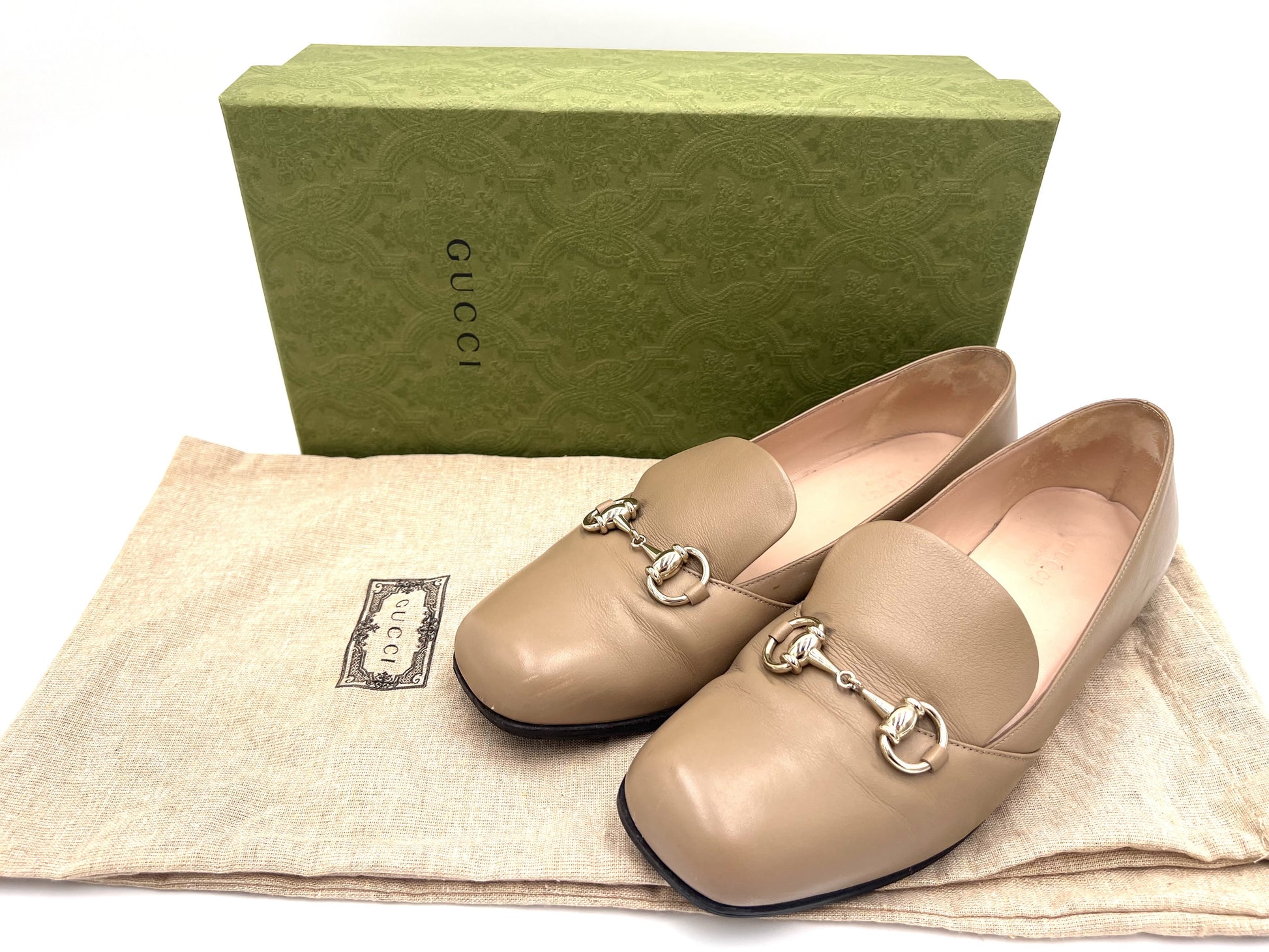 GUCCI Leather Horsebit Loafers, Beige, Size 38 1/2