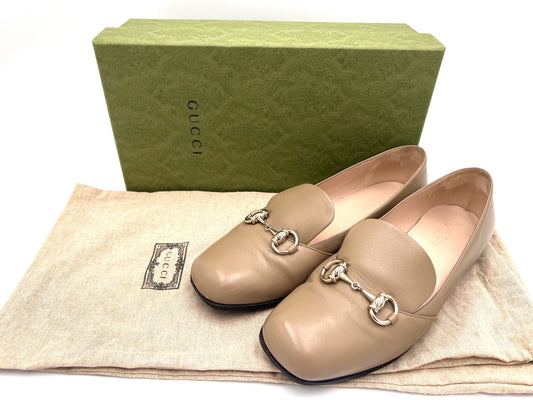 GUCCI Leather Horsebit Loafers, Beige, Size 38 1/2