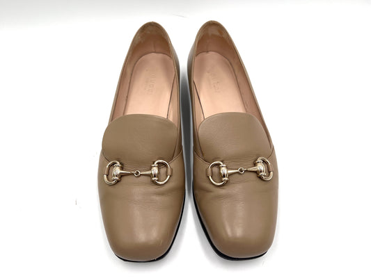GUCCI Leather Horsebit Loafers, Beige, Size 38 1/2