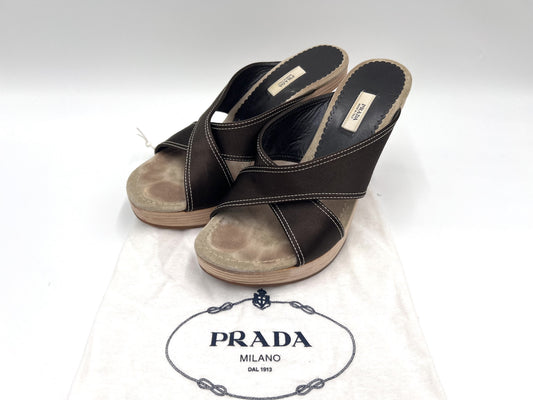 PRADA Prada Wood Sole Mules, Black, Size 36 1/2 Sandals