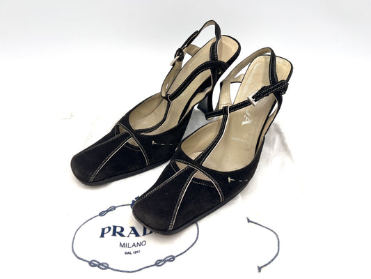 PRADA T-Strap Suede Black Sandals Size 36 1/2
