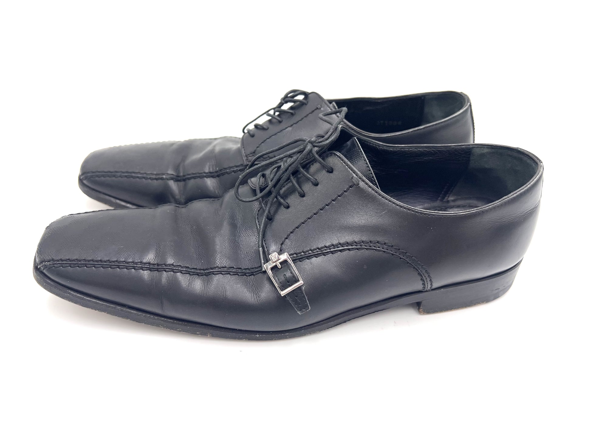 LOUIS VUITTON ST1006 Damier Leather Dress Shoes, Black, Size 8, Loafers