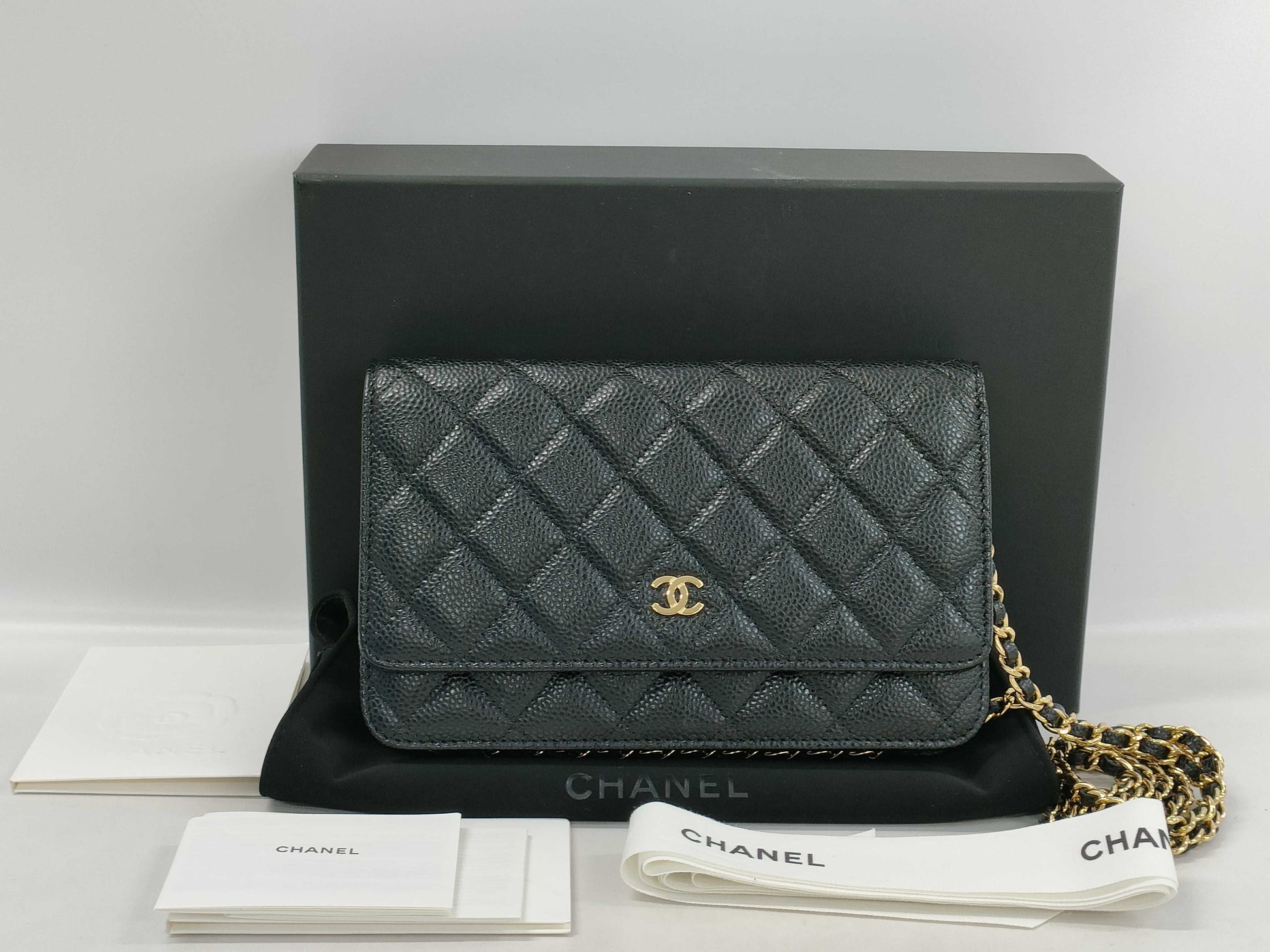CHANEL Caviar Leather Chain Wallet in Black with Gold Hardware, KHGAAENK Random Plate, Authentic Store Purchase Receipt Included. Shoulder Bag