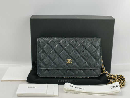 CHANEL Caviar Leather Chain Wallet in Black with Gold Hardware, KHGAAENK Random Plate, Authentic Store Purchase Receipt Included. Shoulder Bag