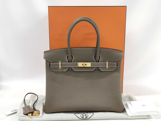 HERMES Birkin 30 Togo Etoupe Gold Hardware with Double Stamp and Protective Seal Handbag