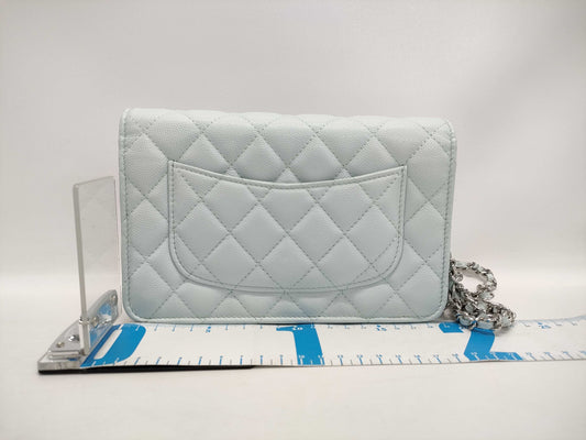 CHANEL Classic Chain Wallet Matelasse Caviar Leather Light Blue with Silver Hardware AP0250 Shoulder Bag