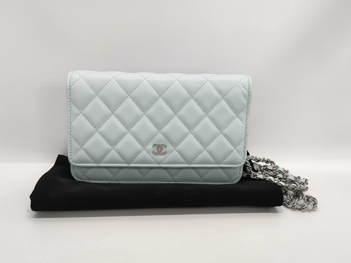 CHANEL Classic Chain Wallet Matelasse Caviar Leather Light Blue with Silver Hardware AP0250 Shoulder Bag