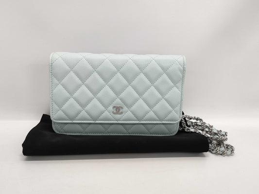 CHANEL Classic Chain Wallet Matelasse Caviar Leather Light Blue with Silver Hardware AP0250 Shoulder Bag