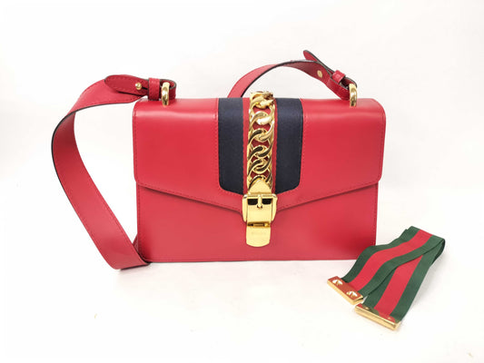 GUCCI GUCCI Sylvie Leather Red Shoulder Bag with Strap